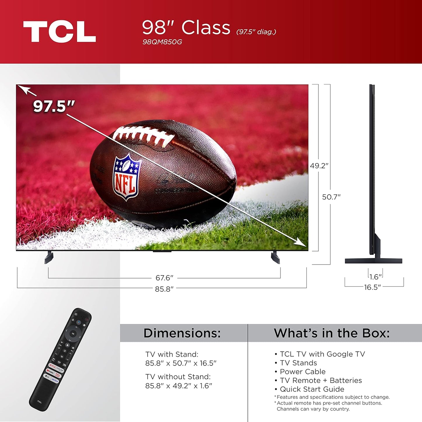 TCL 98-Inch QM8 QLED 4K Smart Mini LED TV with Google (98QM850G, 2023 Model) Dolby Vision, Atmos, HDR Ultra, Game Accelerator up to 240Hz, Voice Remote, Works Alexa, Streaming Television