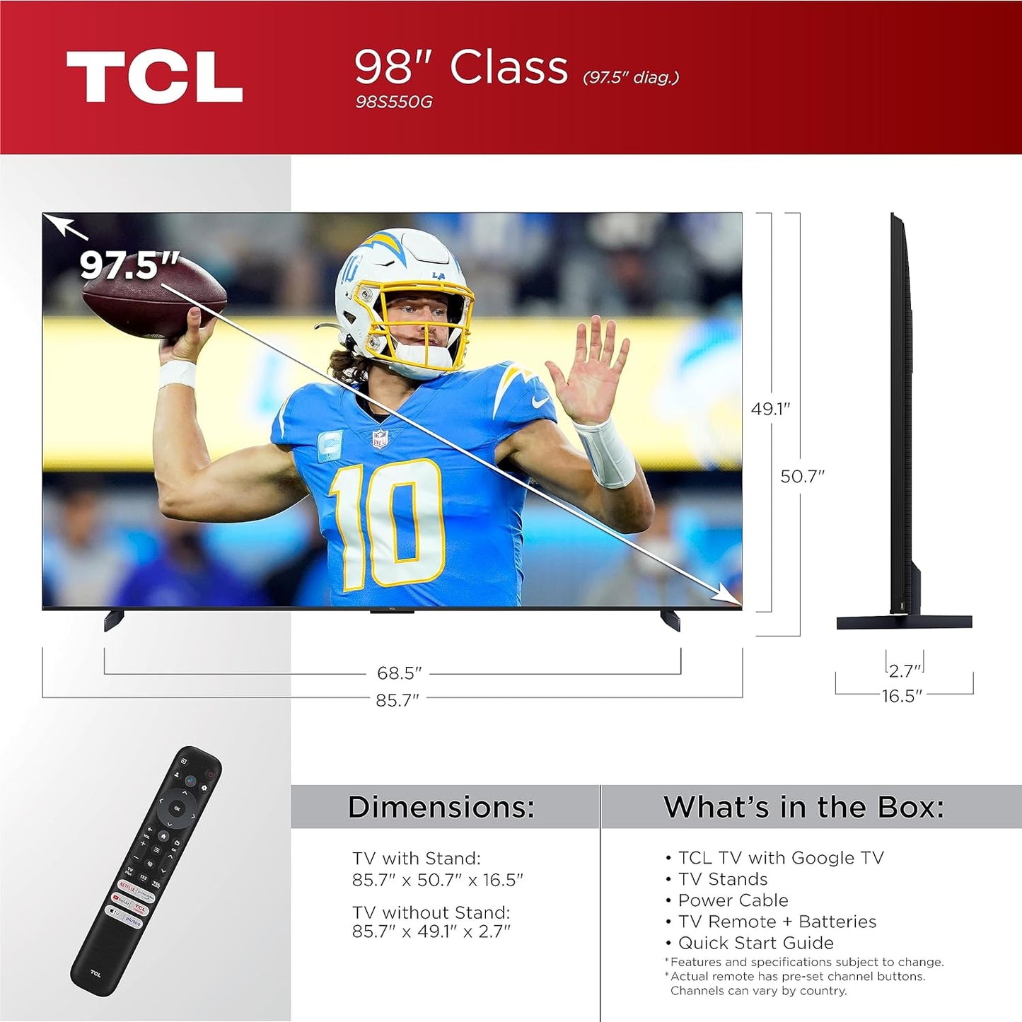 TCL 98-Inch Class S5 4K LED Smart TV with Google TV (98S550G, 2023-Model), Dolby Vision, HDR Ultra, Dolby Atmos, Google Assistant Built-In with Voice Remote, Works with Alexa, Streaming UHD Television